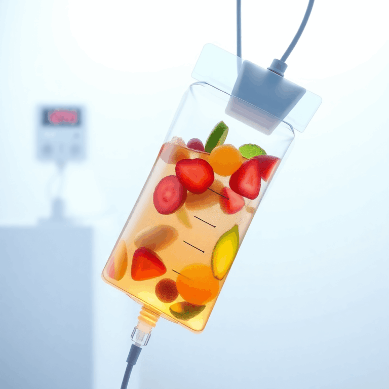 A sleek medical IV drip bag with glowing vitamin-infused fluids against a bright clinical background symbolizing health and wellness.