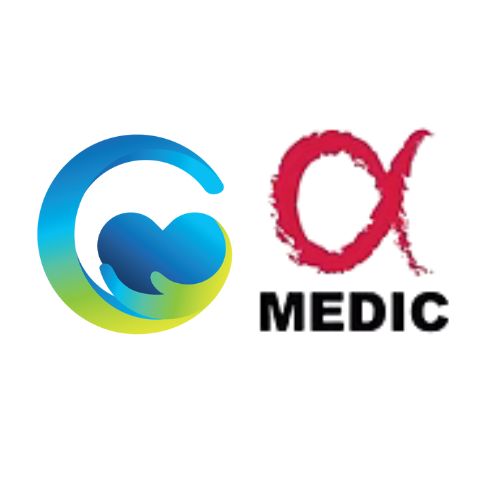 Alpha Medic logo and a stylized ocean wave graphic representing healthcare.