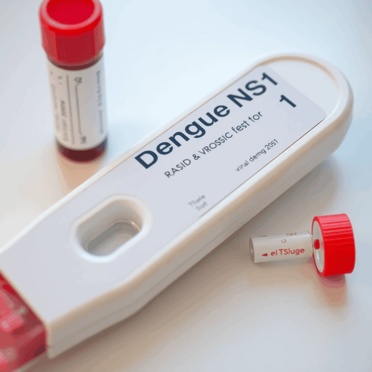 Close-up of a Dengue NS1 Antigen Test device with a blood sample vial on a clean medical surface.