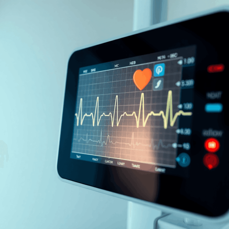 Close-up of a modern ECG machine showing heart rhythm waves on a digital screen with a clean medical background and subtle heart health icons.
