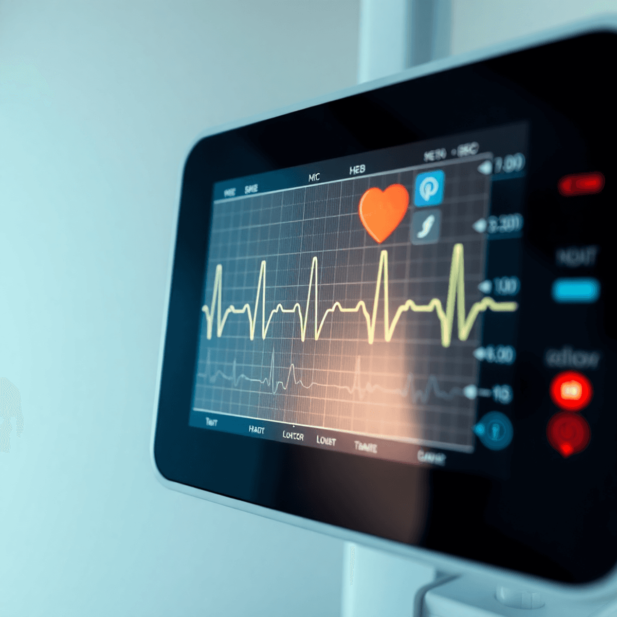 Close-up of a modern ECG machine showing heart rhythm waves on a digital screen with a clean medical background and subtle heart health icons.