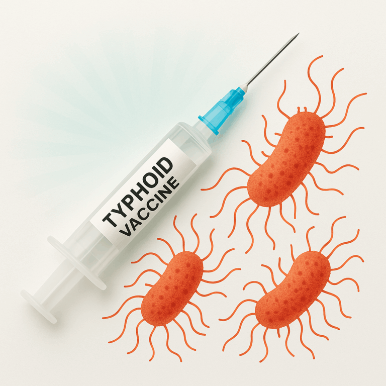 Syringe labeled "Typhoid Vaccine" next to illustrations of Salmonella Typhi bacteria.