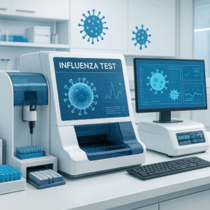 Influenza test equipment in a lab, showing a machine with "Influenza Test" on the screen.