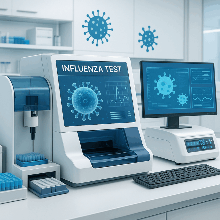 Influenza test equipment in a lab, showing a machine with "Influenza Test" on the screen.