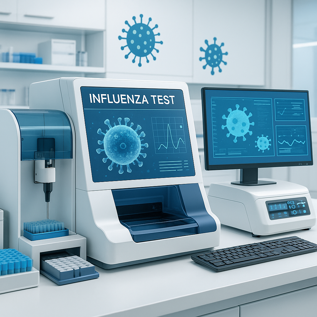 Influenza test equipment in a lab, showing a machine with "Influenza Test" on the screen.